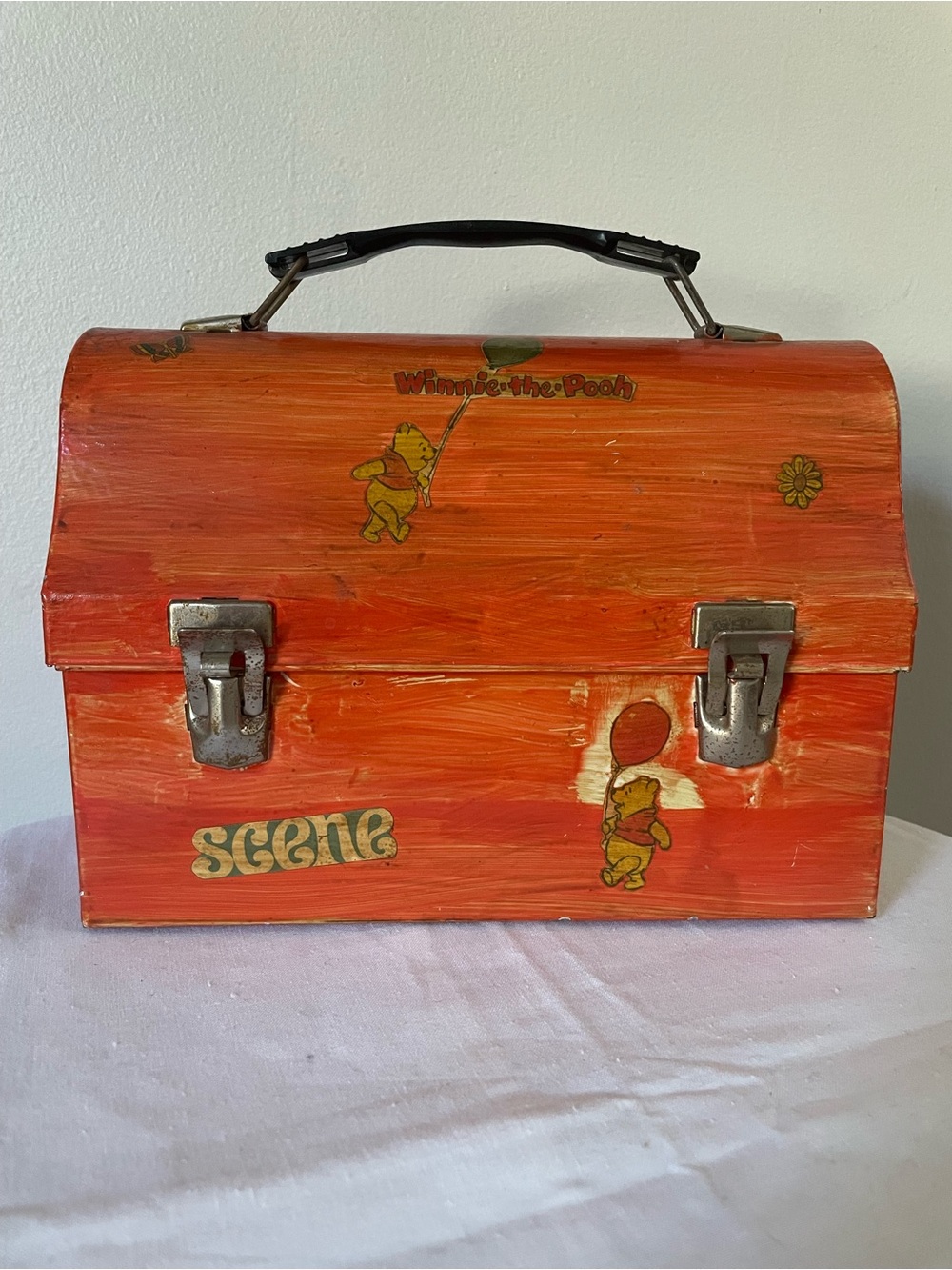 Vtg Dome Top Metal Lunchbox Decoupage Winnie The Pooh 70s Groovy Vanity Box